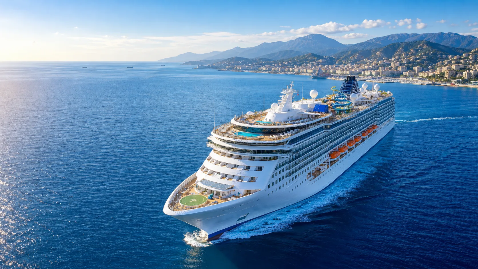 Cruise ship sailing through vivid blue water